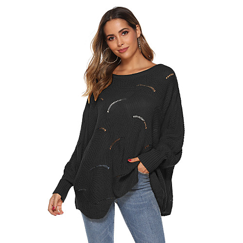 

Women's Ball Gown Slip Oversized Hollow Out Asymmetric Hem Solid Colored Plain Pullover Acrylic Fibers Long Sleeve Oversized Sweater Cardigans Crew Neck Round Neck Fall Winter White Black Blue