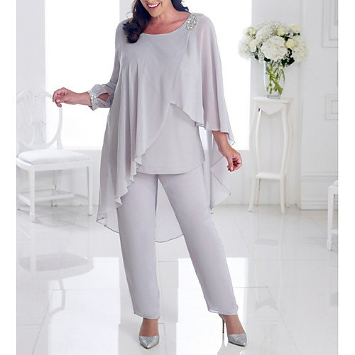 

Two Piece Pantsuit / Jumpsuit Mother of the Bride Dress Plus Size Elegant Jewel Neck Ankle Length Chiffon Long Sleeve with Beading Ruffles 2021