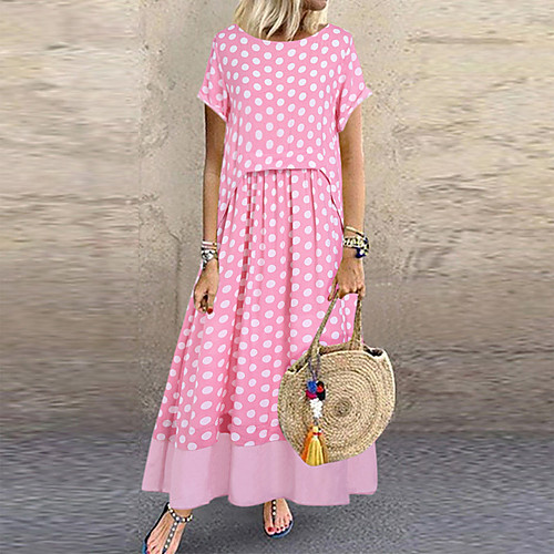 

Women's Plus Size Maxi Swing Dress - Short Sleeve Color Block Black Blushing Pink Green M L XL XXL XXXL XXXXL