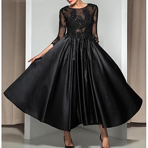 

A-Line Elegant Cocktail Party Formal Evening Dress Illusion Neck 3/4 Length Sleeve Ankle Length Lace Satin with Appliques 2021