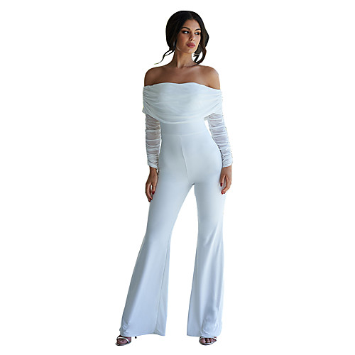 

Women's Streetwear Sophisticated Off Shoulder White Black Royal Blue Jumpsuit Solid Colored Backless Patchwork