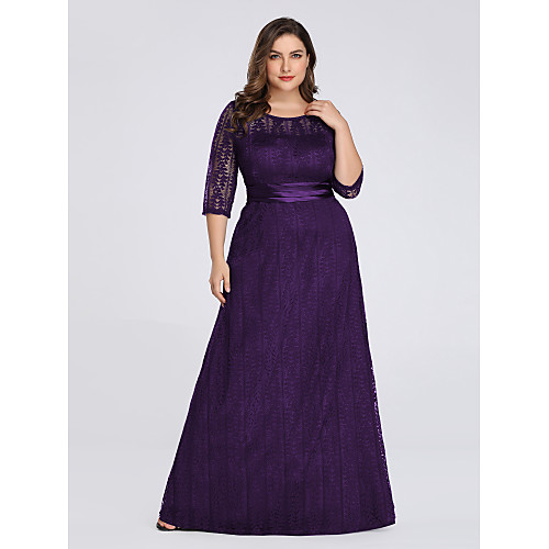 

A-Line Plus Size Wedding Guest Formal Evening Dress Illusion Neck 3/4 Length Sleeve Floor Length Spandex Lace Polyester with Sash / Ribbon Lace Insert Appliques 2021