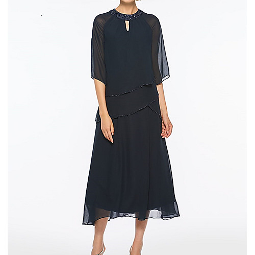 

A-Line Mother of the Bride Dress Plus Size Jewel Neck Tea Length Chiffon Half Sleeve with Beading 2021