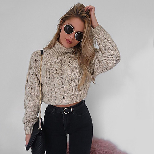 

Women's Solid Colored Pullover Long Sleeve Sweater Cardigans Turtleneck Fall Winter Black Red Khaki