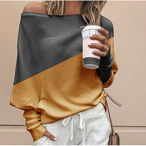 

Women's Color Block Long Sleeve Loose Pullover Sweater Jumper, One Shoulder White / Yellow / Blue S / M / L