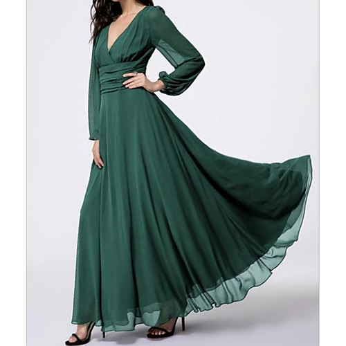 

Women's Swing Dress Maxi long Dress Green Long Sleeve Solid Colored Backless V Neck Elegant M L XL / Chiffon