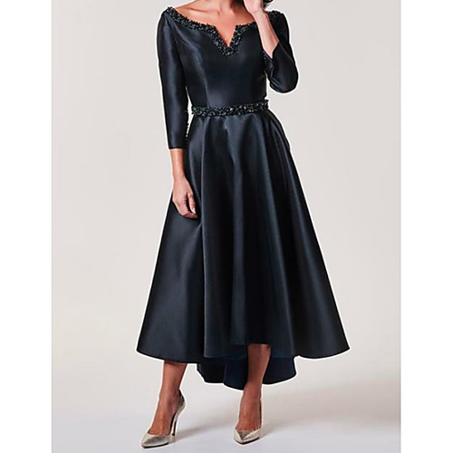 

A-Line Mother of the Bride Dress Plus Size V Neck Asymmetrical Satin 3/4 Length Sleeve with Pleats Beading 2021