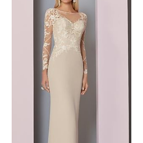

Sheath / Column Mother of the Bride Dress See Through Jewel Neck Floor Length Chiffon Lace Long Sleeve with Lace Appliques 2021