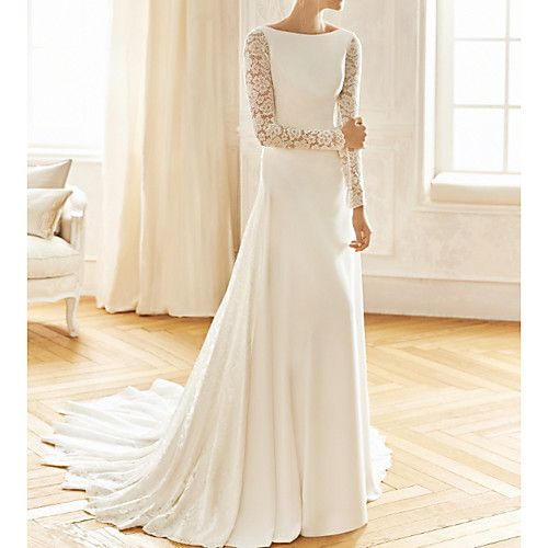 

A-Line Wedding Dresses Bateau Neck Sweep / Brush Train Lace Satin Long Sleeve Formal Backless Illusion Sleeve with Buttons Draping Lace Insert 2021