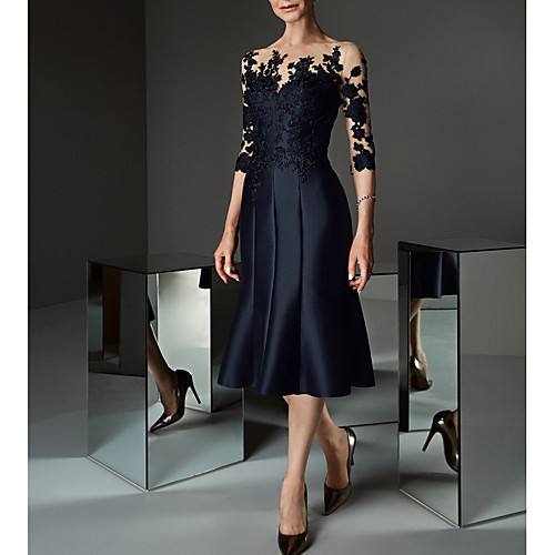 

A-Line Mother of the Bride Dress See Through Bateau Neck Knee Length Lace Satin 3/4 Length Sleeve with Buttons Appliques 2021