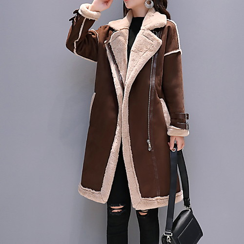 

Women's Daily Fall & Winter Long Faux Fur Coat, Color Block Notch Lapel Long Sleeve Polyester Camel / Black / Gray