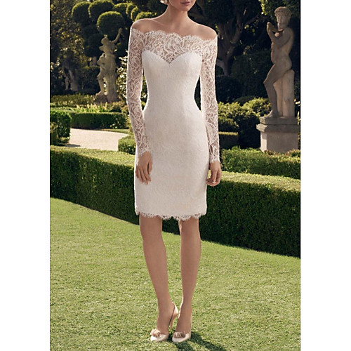 

Sheath / Column Wedding Dresses Off Shoulder Short / Mini Lace Long Sleeve Vintage See-Through Illusion Sleeve with Lace Insert 2021