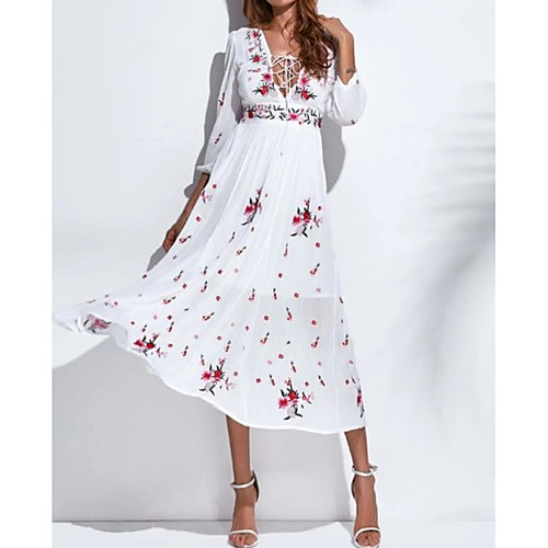 

Women's Swing Dress Midi Dress White 3/4 Length Sleeve Floral Deep V Elegant M L XL XXL / Chiffon