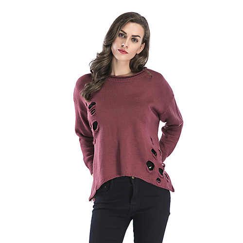 

Women's Basic Hollow Out Solid Color Plain Pullover Long Sleeve Sweater Cardigans Crew Neck Round Neck Fall Winter Blue Wine Khaki