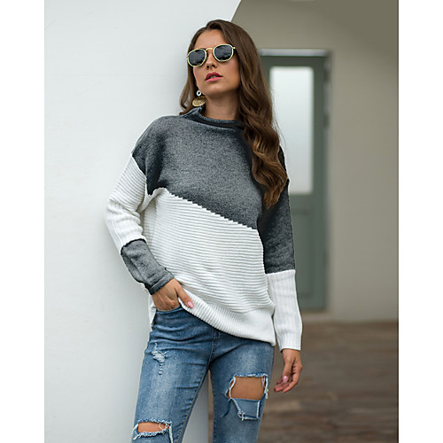

Women's Color Block Pullover Long Sleeve Sweater Cardigans Round Neck Fall Winter Wine Khaki Light gray