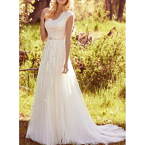 

A-Line Wedding Dresses V Neck Sweep / Brush Train Lace Tulle Regular Straps Vintage Illusion Detail with Sashes / Ribbons Buttons 2021