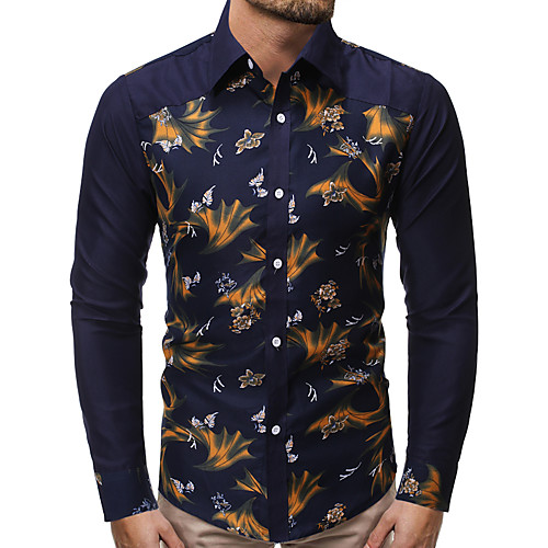 

Men's Shirt Geometric Print Long Sleeve Daily Tops Cotton Basic Navy Blue