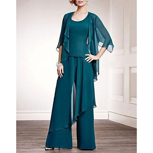 

Pantsuit / Jumpsuit Mother of the Bride Dress Plus Size Elegant Scoop Neck Floor Length Chiffon Sleeveless with Beading 2021