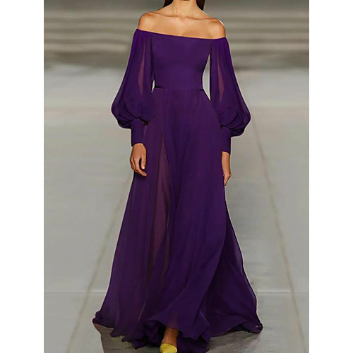 

A-Line Vintage Wedding Guest Formal Evening Dress Off Shoulder Long Sleeve Sweep / Brush Train Chiffon with Pleats 2021