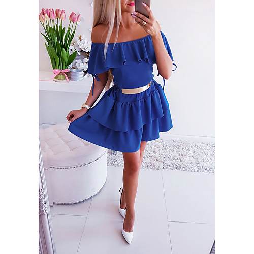 

Women's Shift Dress Blue White Short Sleeve Solid Colored Off Shoulder Basic S M L XL / Chiffon