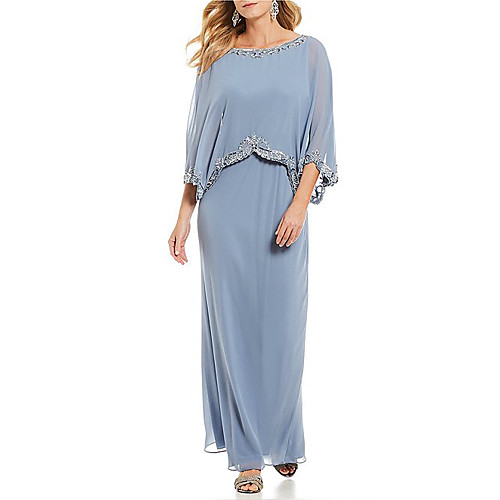 

Sheath / Column Mother of the Bride Dress Plus Size Elegant Bateau Neck Floor Length Chiffon 3/4 Length Sleeve with Appliques 2021