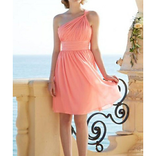 

A-Line One Shoulder Above Knee Chiffon Bridesmaid Dress with Pleats