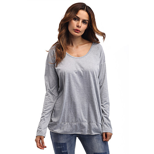

Women's T shirt Solid Colored Long Sleeve Backless U Neck Basic Tops Gray