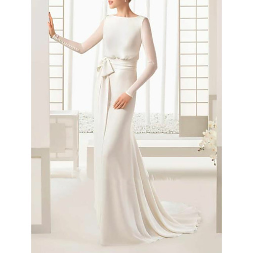 

Sheath / Column Wedding Dresses Bateau Neck Sweep / Brush Train Floor Length Satin Tulle Long Sleeve Simple Elegant with Bow(s) Buttons 2021