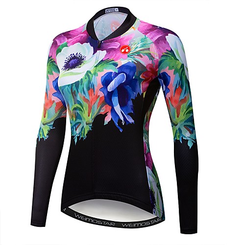 

21Grams Floral Botanical Women's Long Sleeve Cycling Jersey - Black Bike Jersey Top UV Resistant Quick Dry Moisture Wicking Sports Winter Elastane Terylene Polyester Taffeta Mountain Bike MTB Road