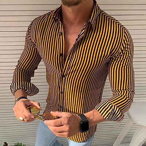 

Men's Shirt Striped Geometric Patchwork Print Long Sleeve Daily Tops Basic Streetwear Yellow White Red