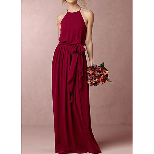 

A-Line Halter Neck Floor Length Chiffon Bridesmaid Dress with Bow(s)