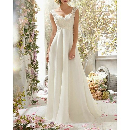 

A-Line Wedding Dresses Sweetheart Neckline Sweep / Brush Train Chiffon Lace Spaghetti Strap Romantic Backless with Beading Lace Insert 2021