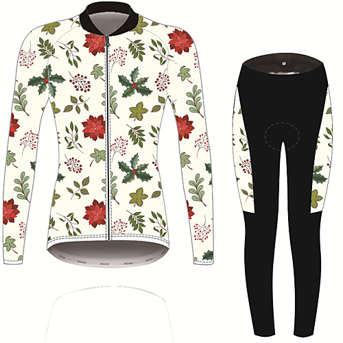 

21Grams Floral Botanical Women's Long Sleeve Cycling Jersey with Tights - Black / White Bike Clothing Suit UV Resistant Breathable Quick Dry Sports Winter Fleece Spandex Mountain Bike MTB Road Bike