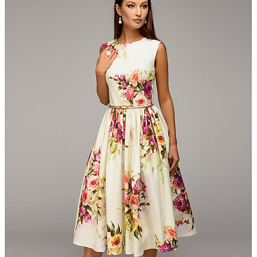 

Women's A Line Dress Midi Dress Beige Sleeveless Floral Print Round Neck Hot Vintage S M L XL XXL