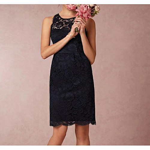 

Sheath / Column Jewel Neck Above Knee Lace Bridesmaid Dress with Lace