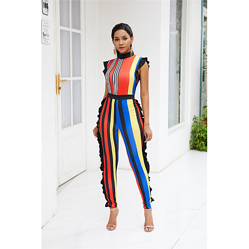 

Women's Basic Crew Neck Blue Yellow Jumpsuit Striped Color Block Ruffle / Pencil