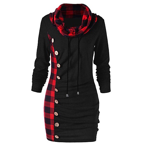

Women's Shift Dress Short Mini Dress Gray Black Long Sleeve Print Patchwork Fall Winter Turtleneck Casual 2021 M L XL XXL / Cotton / Cotton