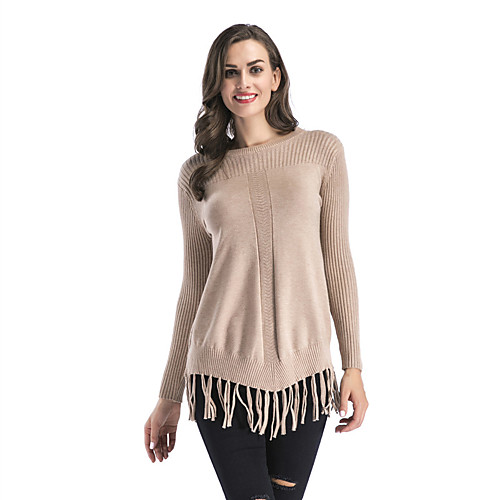 

Women's Basic Tassel Knitted Solid Color Plain Pullover Long Sleeve Sweater Cardigans Crew Neck Round Neck Fall Winter Black Khaki Gray