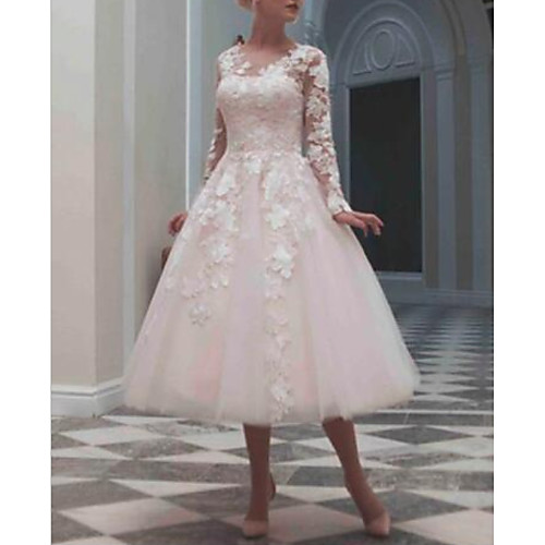 

Ball Gown Wedding Dresses Jewel Neck Tea Length Lace Tulle Long Sleeve Casual Vintage Little White Dress See-Through Cute with Beading Appliques 2021