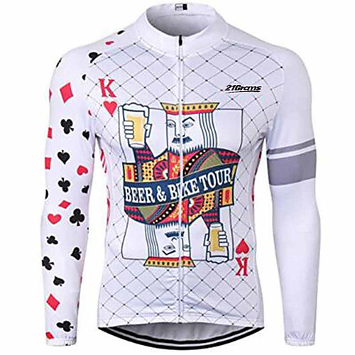 

21Grams Poker Men's Long Sleeve Cycling Jersey - White Bike Jersey Top UV Resistant Quick Dry Moisture Wicking Sports Winter Summer Fleece 100% Polyester Mountain Bike MTB Road Bike Cycling Clothing