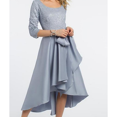 

A-Line Mother of the Bride Dress Elegant & Luxurious Scoop Neck Jewel Neck Tea Length Lace Satin Half Sleeve with Sash / Ribbon Pleats Ruching 2021