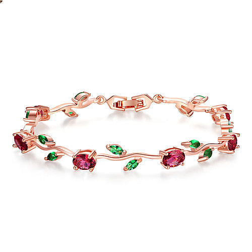 

Rose Gold Color Leaf Chain & Link Bracelet with Red Green AAA Zircon for Mother Gifts Jewelry Long 19 Egg-shaped Main Stone 57 Eye 53 mm