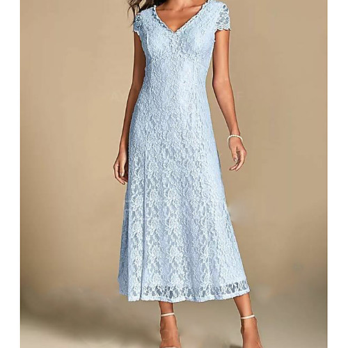 

A-Line Mother of the Bride Dress Plus Size V Neck Ankle Length Lace Short Sleeve with Pleats 2021
