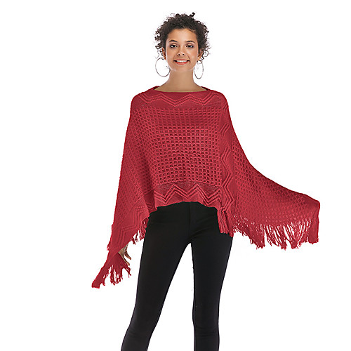

Women's Basic Tassel Knitted Solid Color Plain Cloak / Capes Half Sleeve Sweater Cardigans Crew Neck Round Neck Fall Winter White Red Khaki