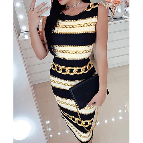

Women's Sheath Dress Black Sleeveless Geometric Round Neck Slim S M L XL
