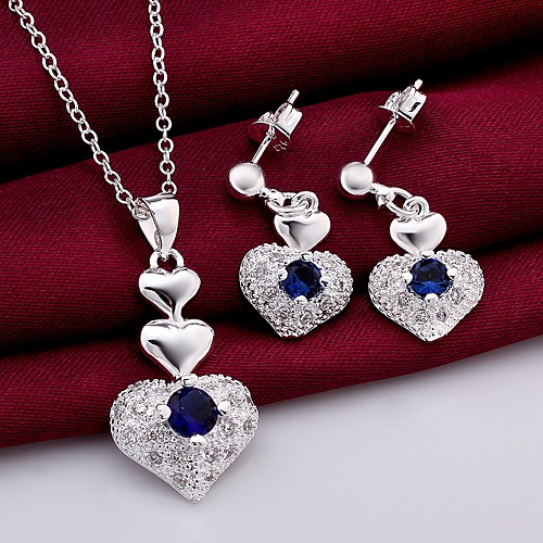 

Women's AAA Cubic Zirconia Drop Earrings Pendant Necklace 3D Heart Stylish Unique Design Silver Plated Earrings Jewelry Blue For Daily Work 1 set