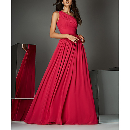 

A-Line Empire Wedding Guest Formal Evening Dress One Shoulder Sleeveless Sweep / Brush Train Chiffon with Pleats Ruched 2021
