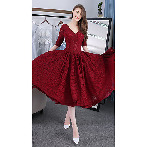 

A-Line Cute Cocktail Party Valentine's Day Dress V Neck Half Sleeve Tea Length Lace with Lace Insert 2021