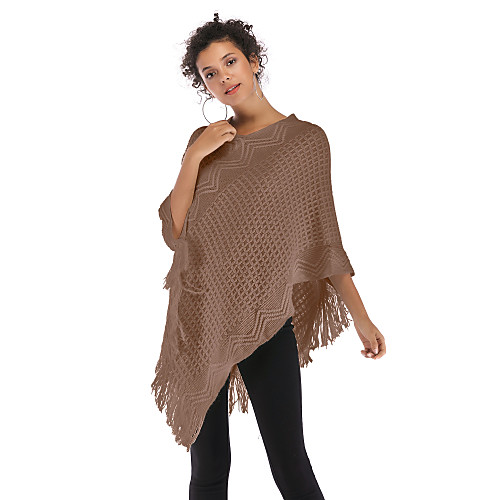 

Women's Solid Colored Pullover Poncho Sweater Cotton Long Sleeve Loose Sweater Cardigans V Neck Fall White Red Khaki