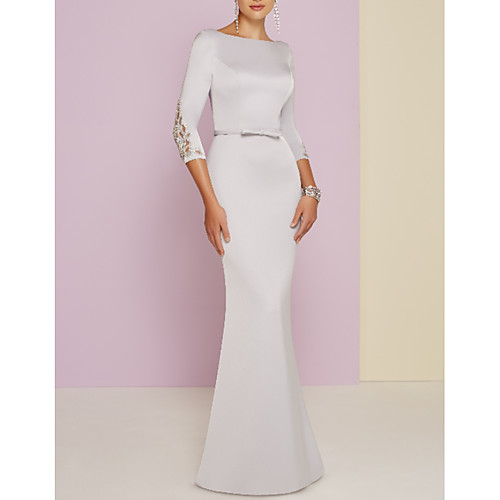 

Sheath / Column Mother of the Bride Dress Plus Size Bateau Neck Floor Length Satin 3/4 Length Sleeve with Bow(s) Beading 2021
